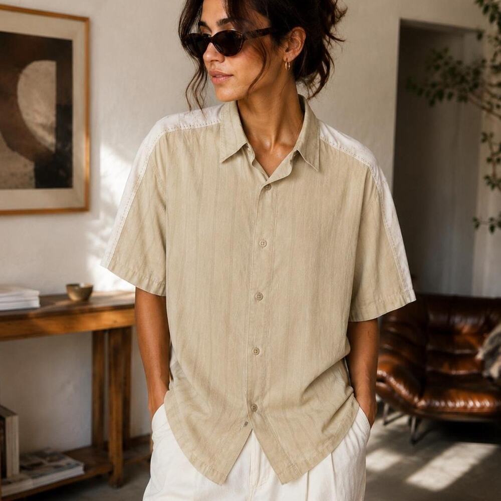 Vintage Claiborne 100% Silk Beige Stripe Short Sleeve Button Up Shirt L